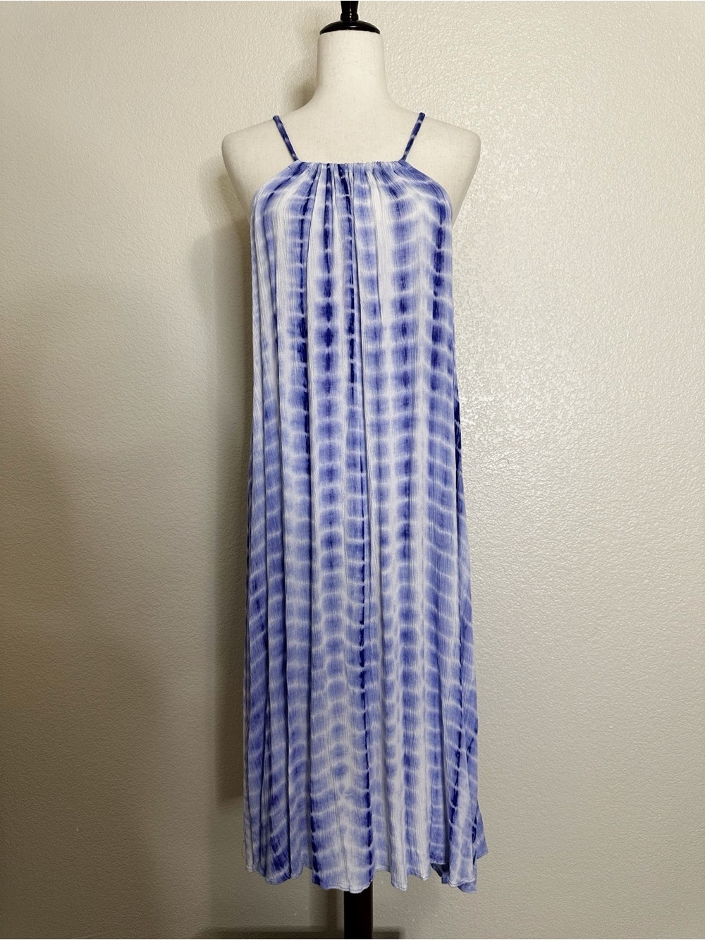 Lulus Blue White Tie Dye Boho Beachy Crinkle Sleeveless Midi Dress, Sz Small